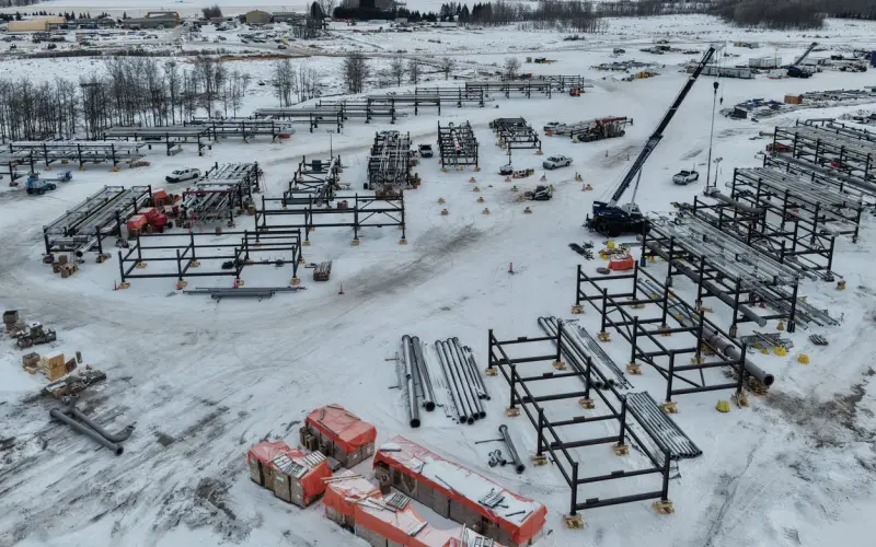 Aerial view of Bunch Clearwater 30-acre integrated mod yard with structural steel assemblies