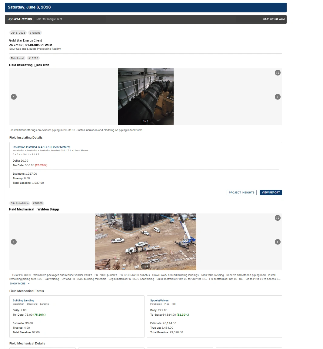 Daily Activity Feed report showing field progress, quantities, photos, and cost summaries